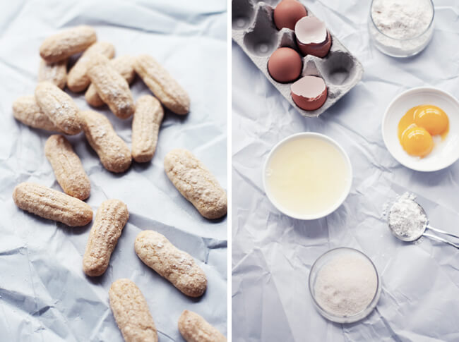 photograph of savoiardi biscuits, mise en place: powdered sugar, egg whites, egg yolks, flour, vanilla sugar