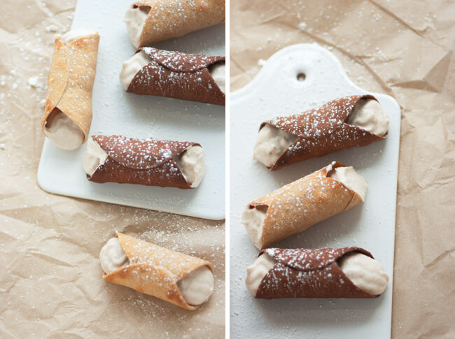 diptych, chocolate and plain cannoli filled with banana, mascarpone, and ricotta filling