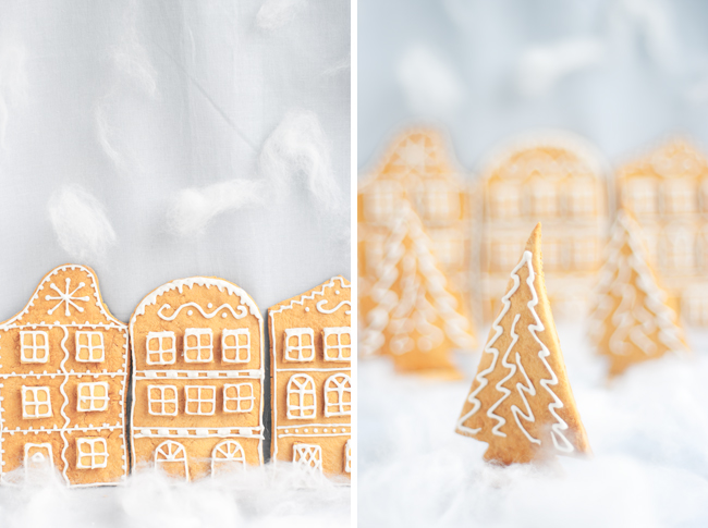 gingerbread house facades and snow-covered spruces