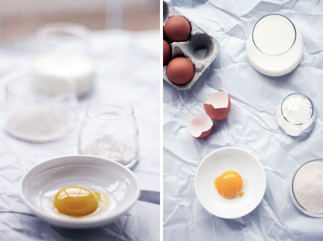photograph of pastry cream mise en place: flour, egg yolk, milk, vanilla bean, sugar