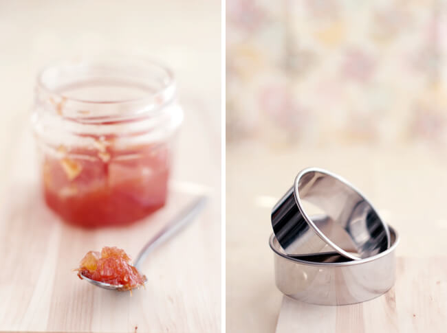 photographs of grapefruit marmalade on a spoon and stacked cookie cutters